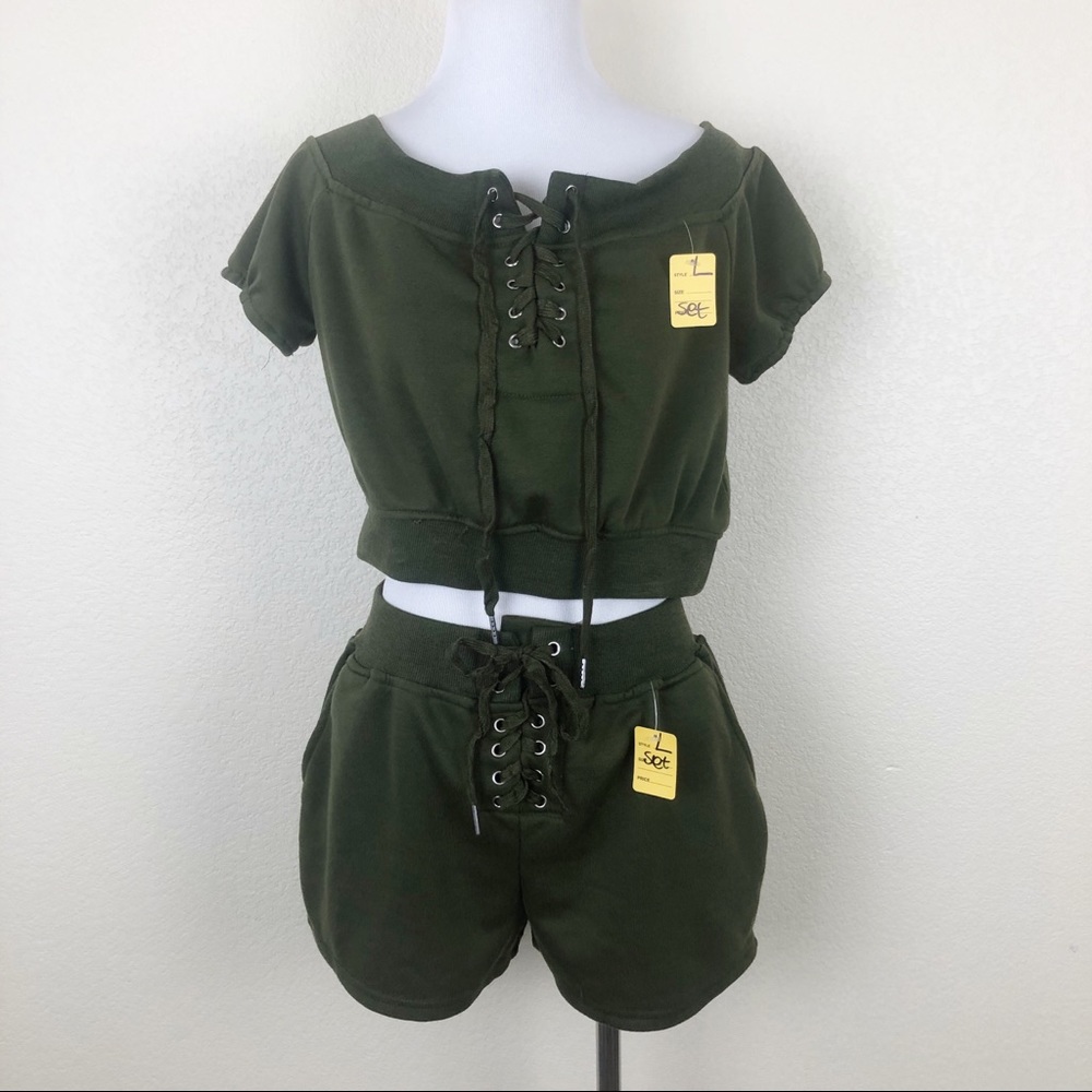 Lace Up Green Crop Top and Shorts Matching Set